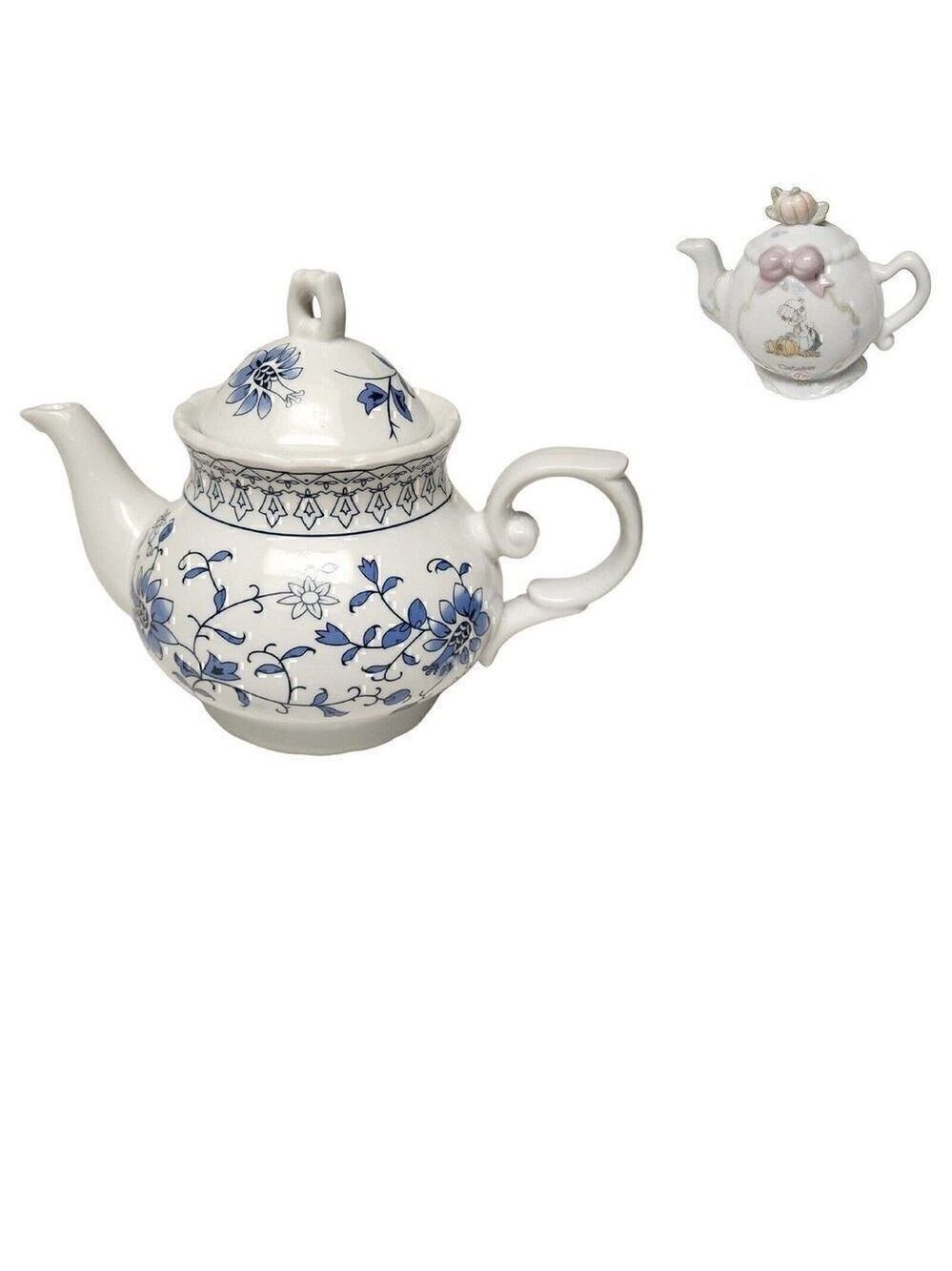 Vintage 6.5" Blue & White Floral Filigree Teapot /Bonus FREE Mini 1993 T…